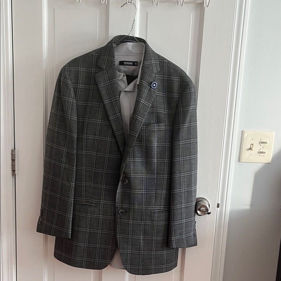 Hart Schaffer Gray Plaid Blazer Gray dress shirt & black slacks by Murano
